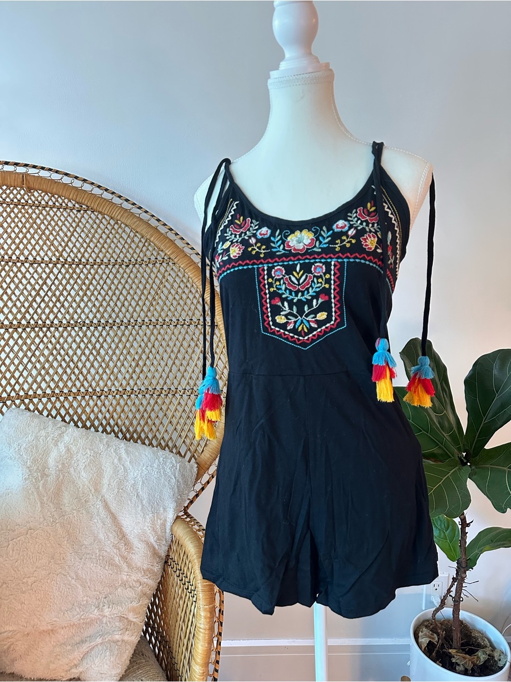 Black Embroidered Tie-Shoulder Romper with Colorful Tassels